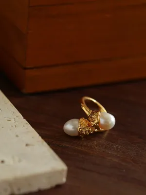 Niche Metal Wind Lava Water Drop Agate Open Ring- Pearl Style