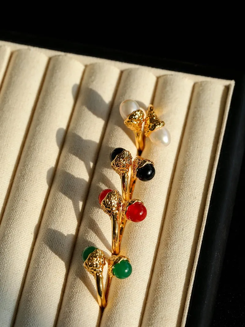 Niche Metal Wind Lava Water Drop Agate Open Ring- Pearl Style