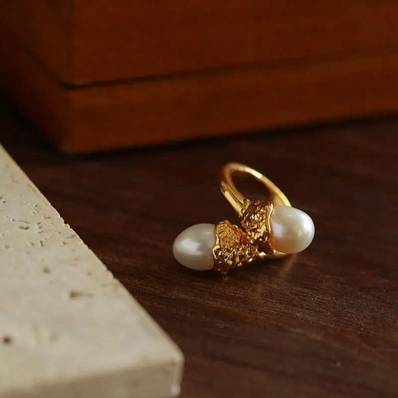 Niche Metal Wind Lava Water Drop Agate Open Ring- Pearl Style
