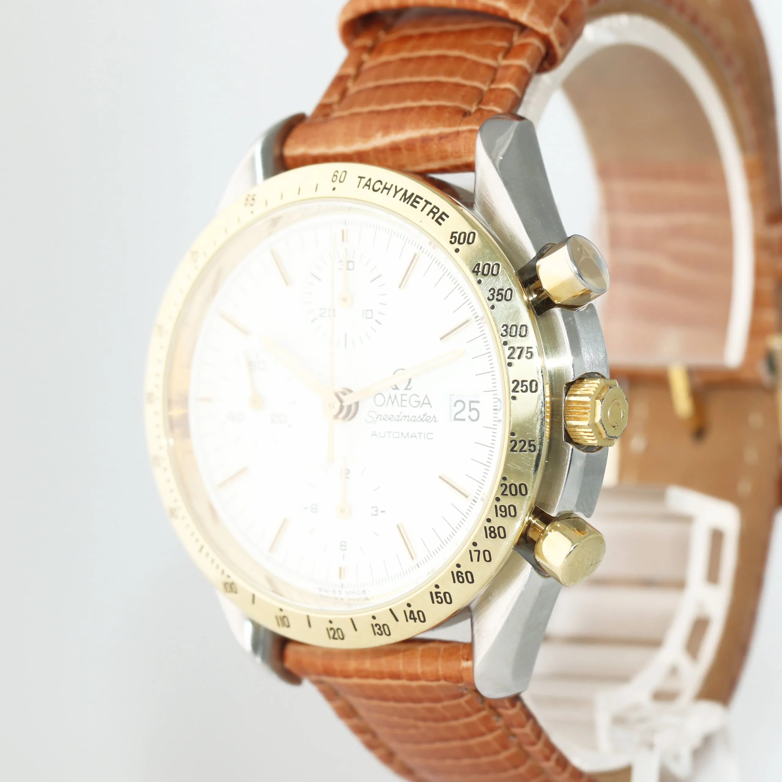 Omega Speedmaster Date Chronograph Two-Tone White Dial 175.0033 Watch Box Papers