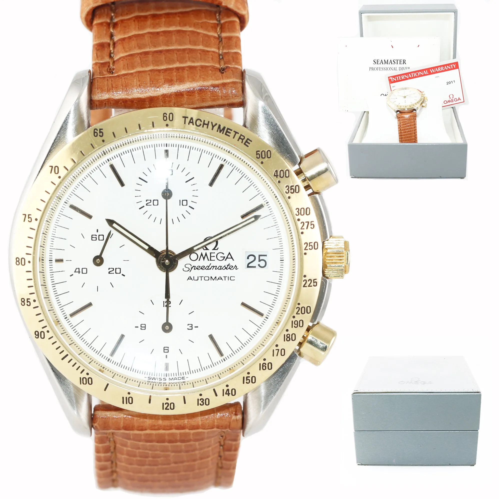 Omega Speedmaster Date Chronograph Two-Tone White Dial 175.0033 Watch Box Papers