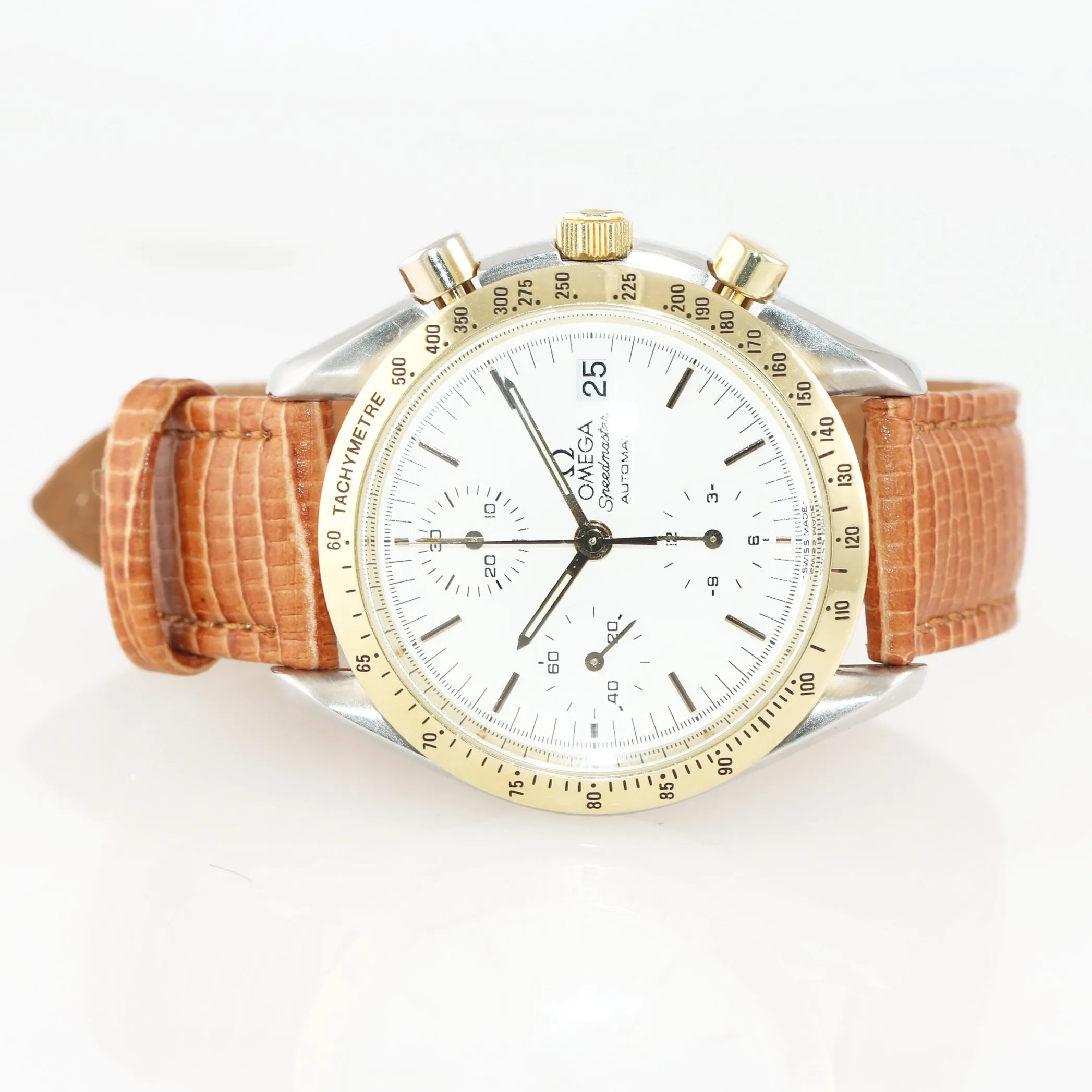 Omega Speedmaster Date Chronograph Two-Tone White Dial 175.0033 Watch Box Papers