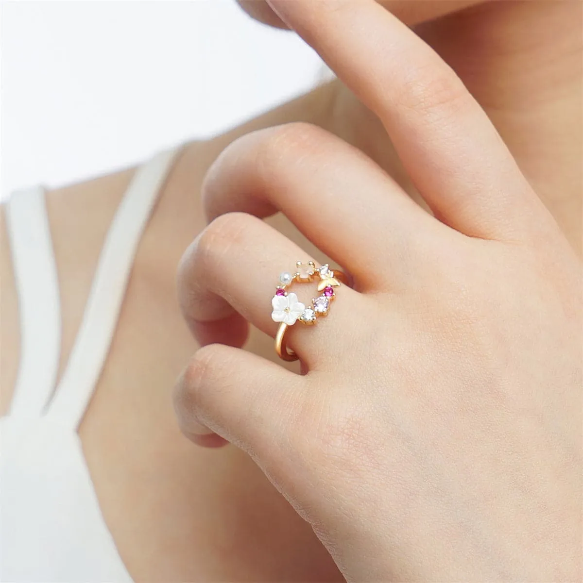 Opal & Pearl 18k Gold-Plated Floral Open-Circle Ring