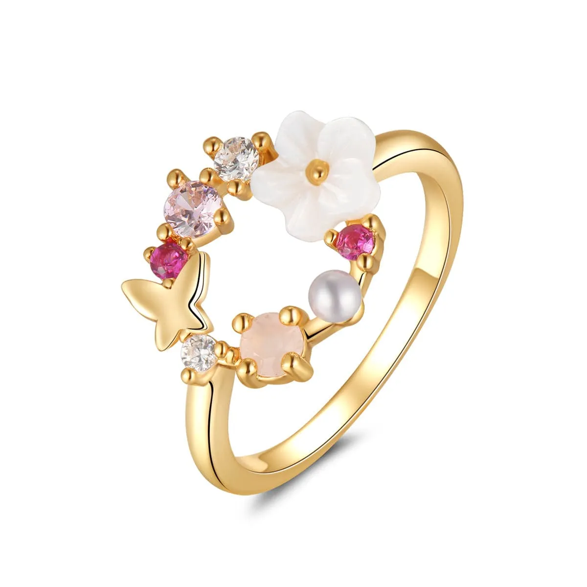 Opal & Pearl 18k Gold-Plated Floral Open-Circle Ring