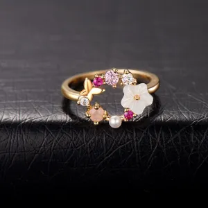 Opal & Pearl 18k Gold-Plated Floral Open-Circle Ring