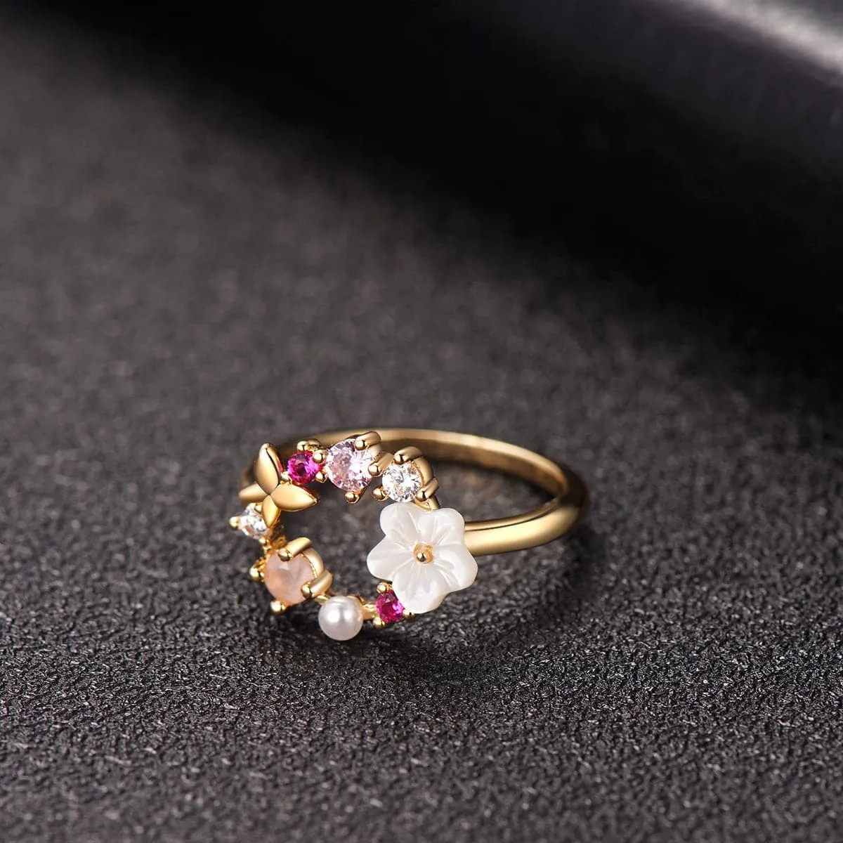 Opal & Pearl 18k Gold-Plated Floral Open-Circle Ring