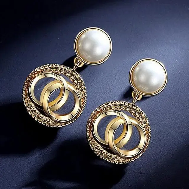 Oversized White Pearl Drop Earrings for Women And Girl Trendy Golden Round Pearl Wedding Earrings Jewelry Gift