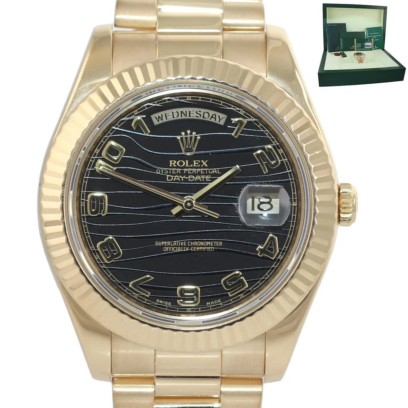 PAPERS MINT Rolex Day-Date II 41mm Black Wave President 218238 18K Gold Watch