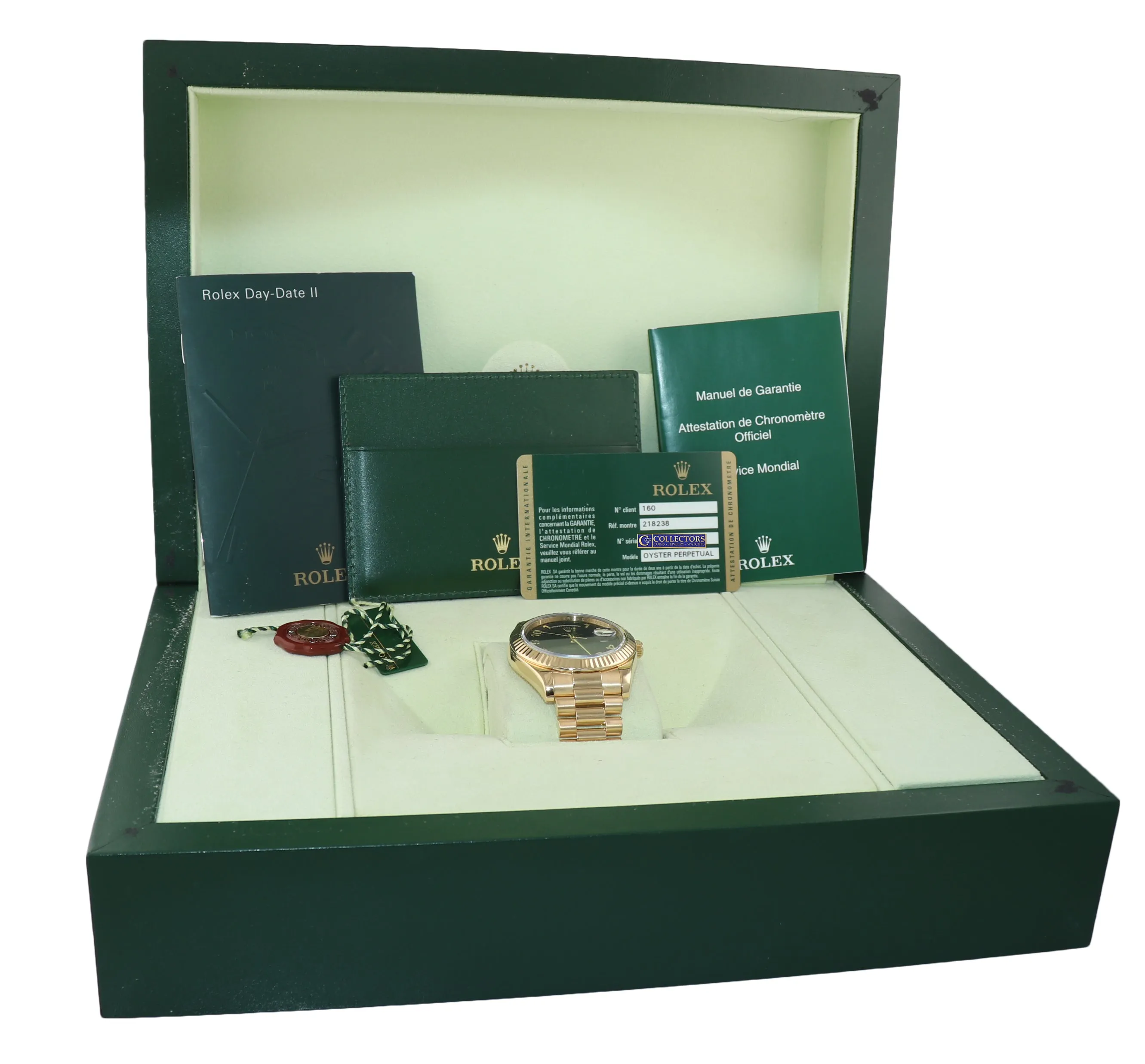 PAPERS MINT Rolex Day-Date II 41mm Black Wave President 218238 18K Gold Watch