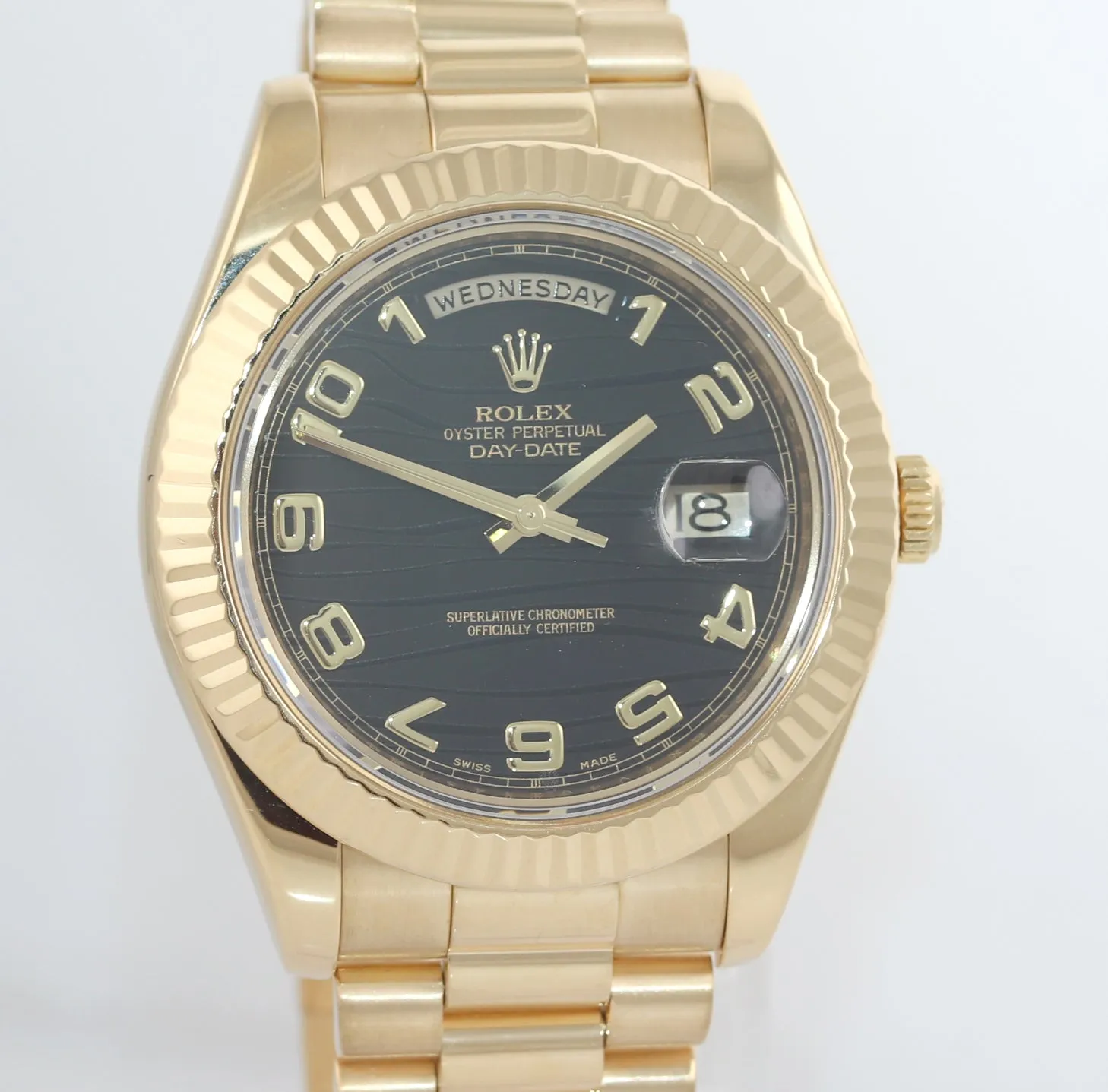 PAPERS MINT Rolex Day-Date II 41mm Black Wave President 218238 18K Gold Watch