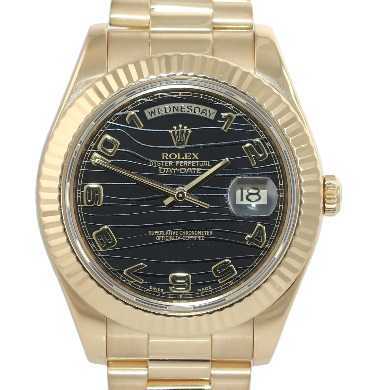 PAPERS MINT Rolex Day-Date II 41mm Black Wave President 218238 18K Gold Watch