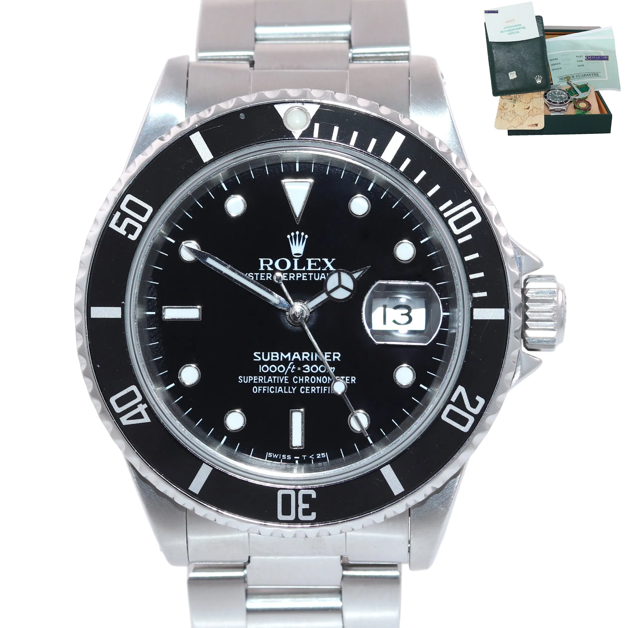 PAPERS Rolex Submariner Date 16610 Steel Black Tritium Dial 40mm Oyster Watch