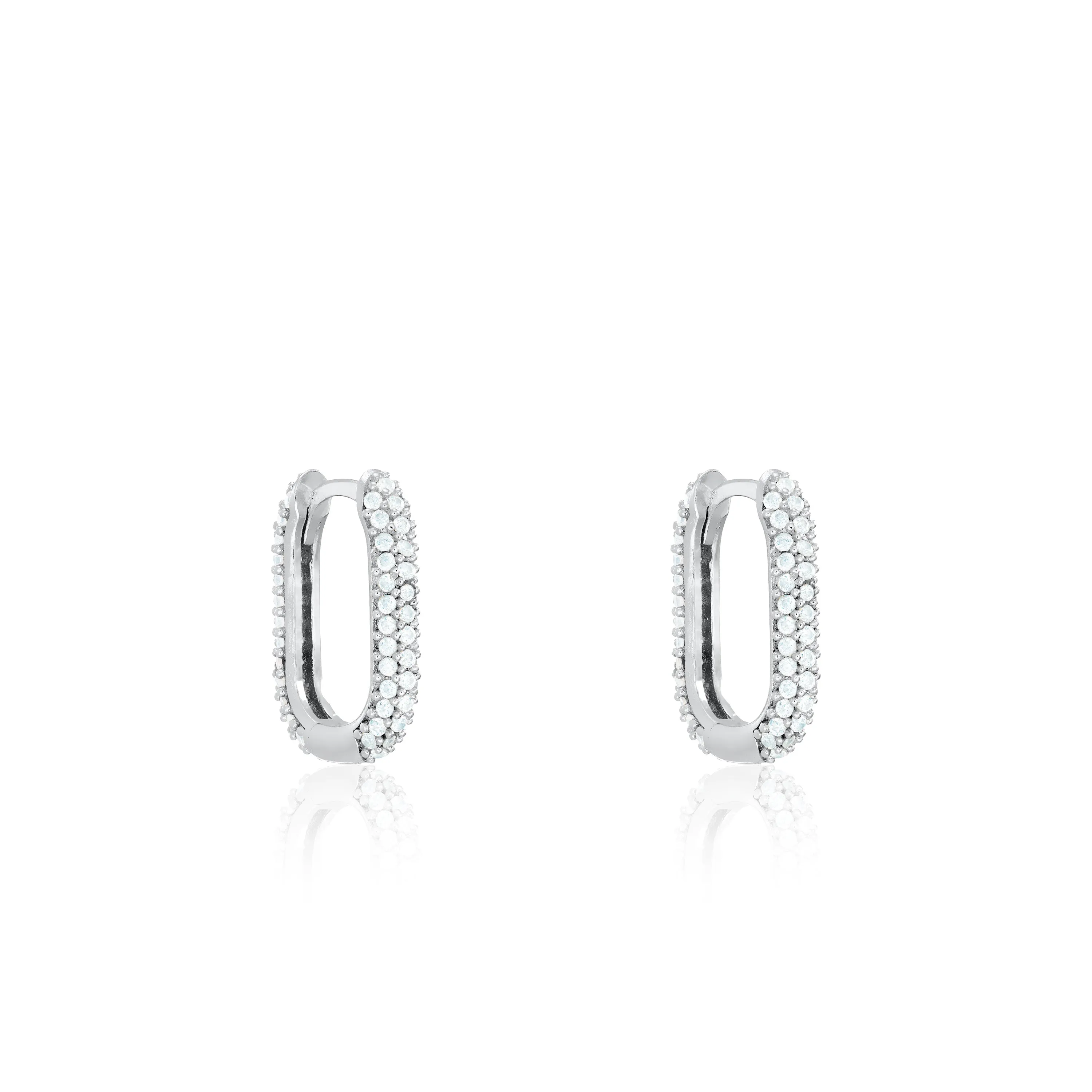 Pave Paperclip Hoop Earrings - Silver White - Long