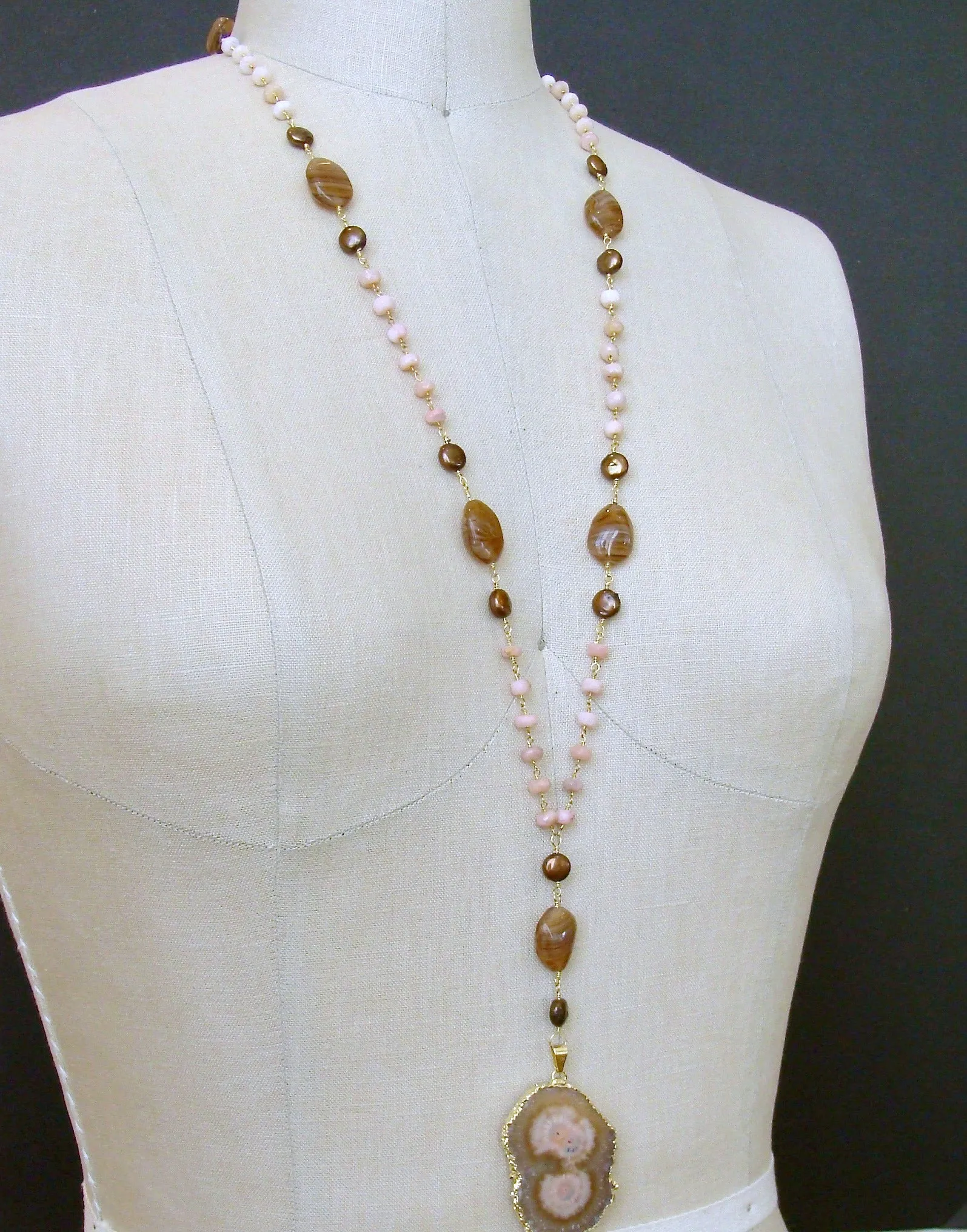 Peruvian Pink Opal Pearls Vintage Agate Blush Pink Brown Stalactite Slice Pendant Layering Necklace - Angela III Necklace