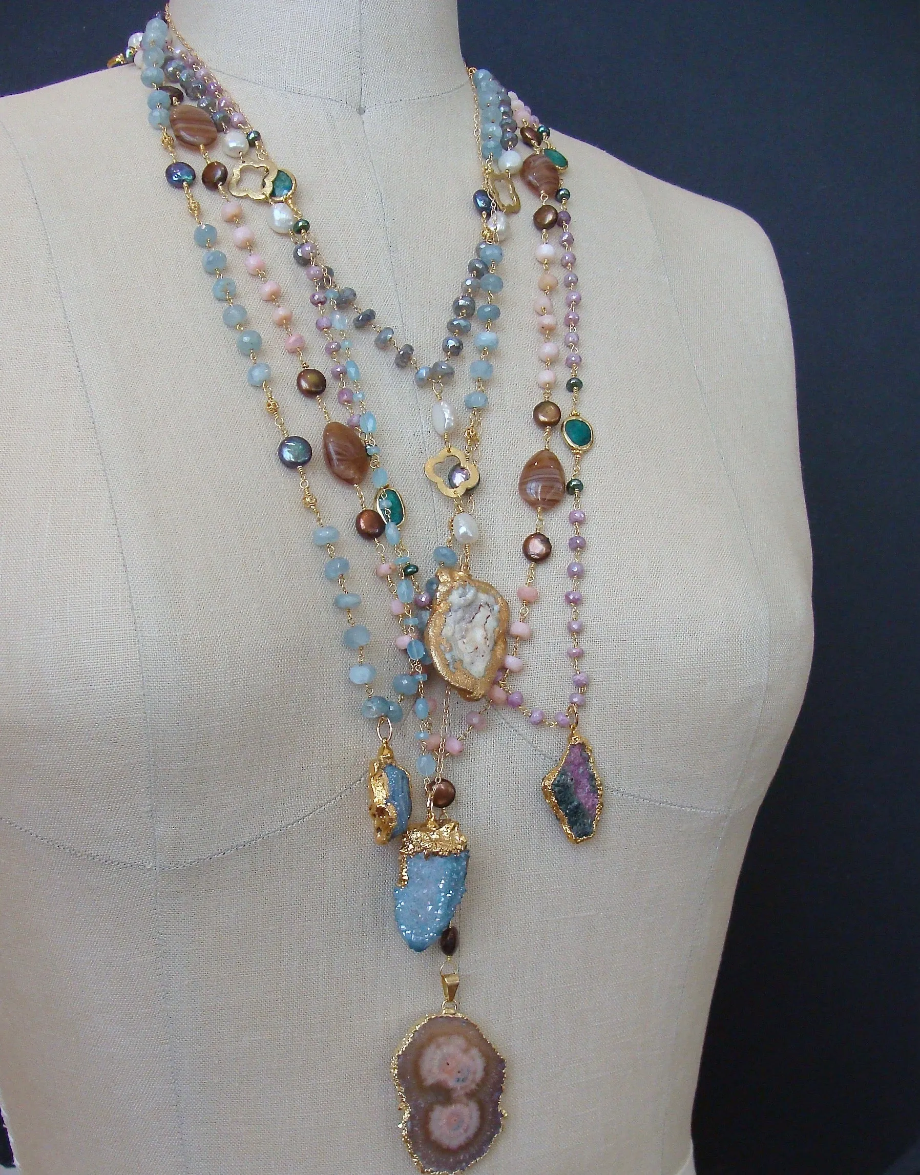 Peruvian Pink Opal Pearls Vintage Agate Blush Pink Brown Stalactite Slice Pendant Layering Necklace - Angela III Necklace