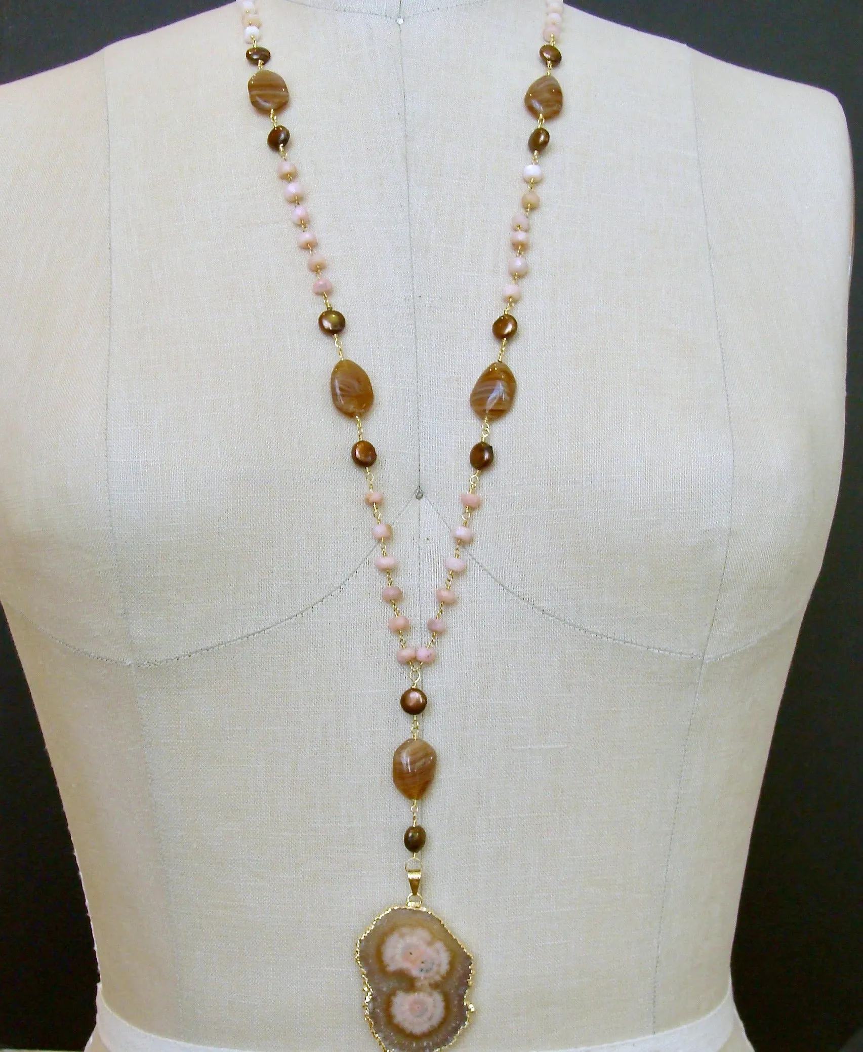 Peruvian Pink Opal Pearls Vintage Agate Blush Pink Brown Stalactite Slice Pendant Layering Necklace - Angela III Necklace