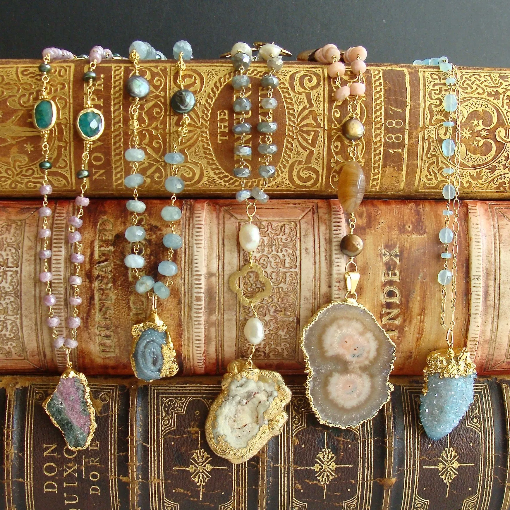 Peruvian Pink Opal Pearls Vintage Agate Blush Pink Brown Stalactite Slice Pendant Layering Necklace - Angela III Necklace
