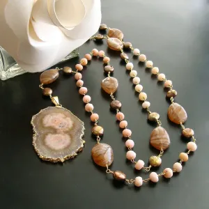 Peruvian Pink Opal Pearls Vintage Agate Blush Pink Brown Stalactite Slice Pendant Layering Necklace - Angela III Necklace