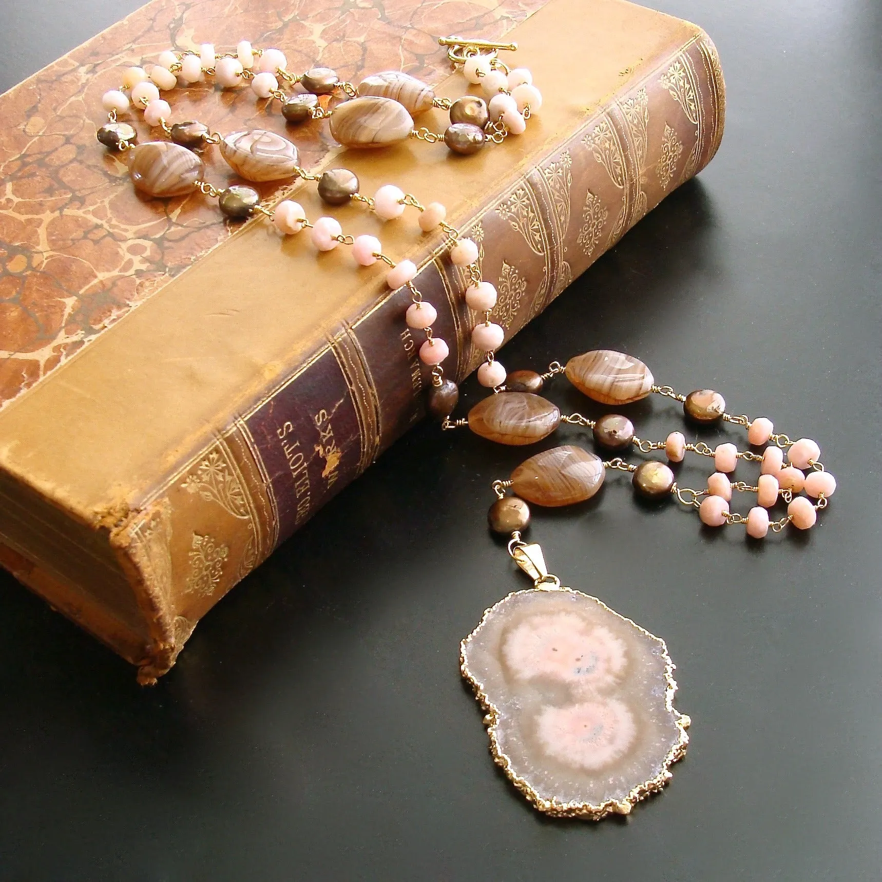 Peruvian Pink Opal Pearls Vintage Agate Blush Pink Brown Stalactite Slice Pendant Layering Necklace - Angela III Necklace