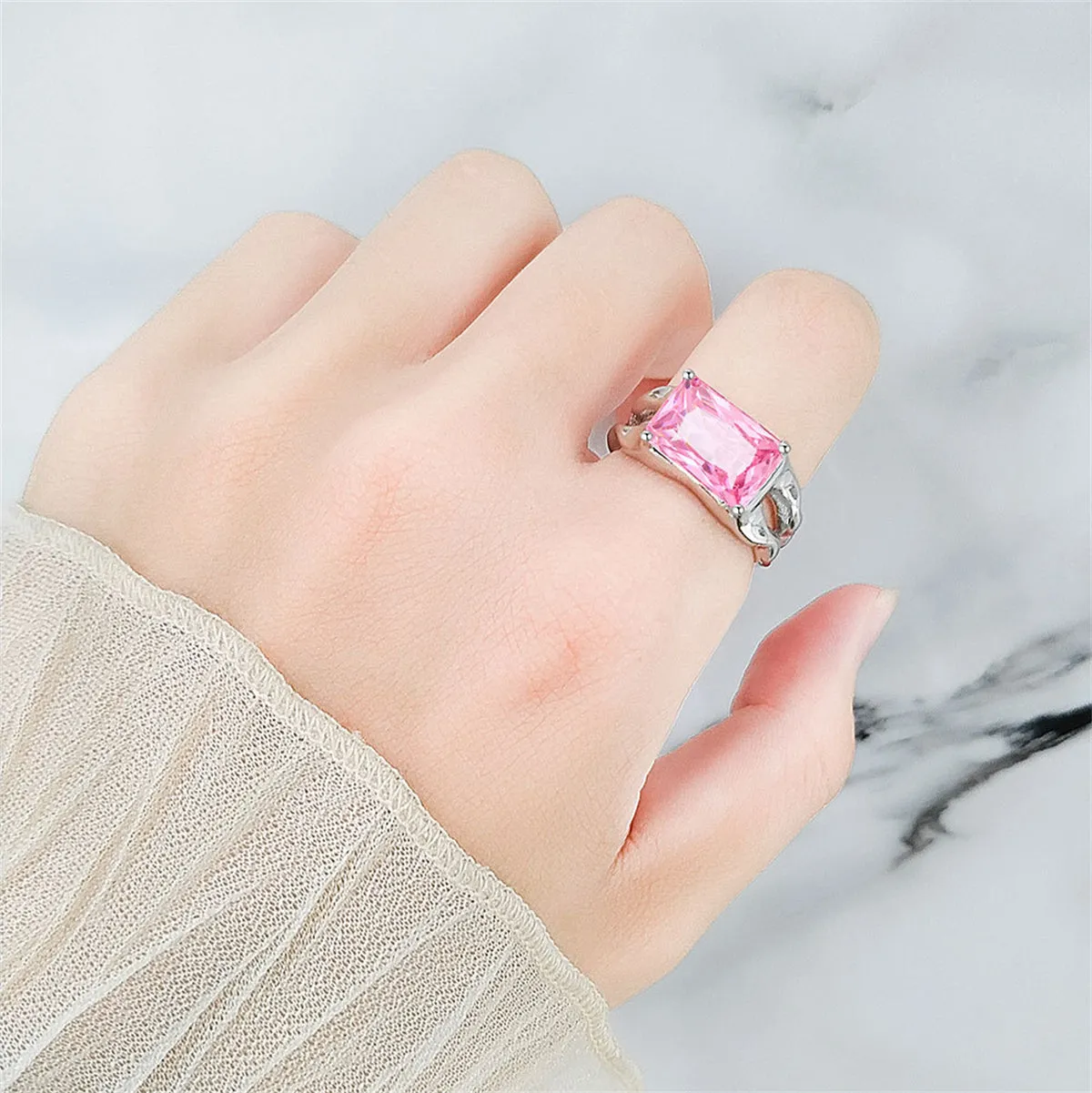 Pink Crystal & Silver-Plated Rectangle Open Ring