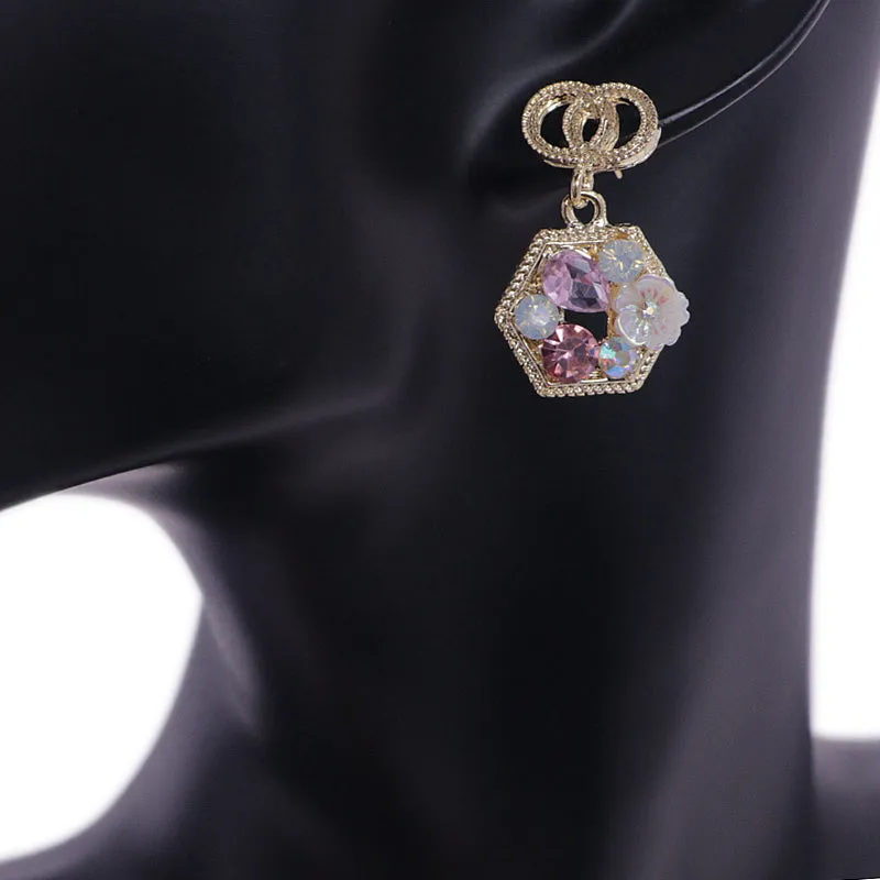 Pink Purple Faux Gemstone Double Circle Post Earrings