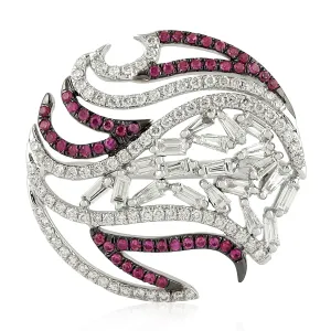 Pink Sapphire Gemstone Natural Baguette Diamond Geometric Ring In White Gold