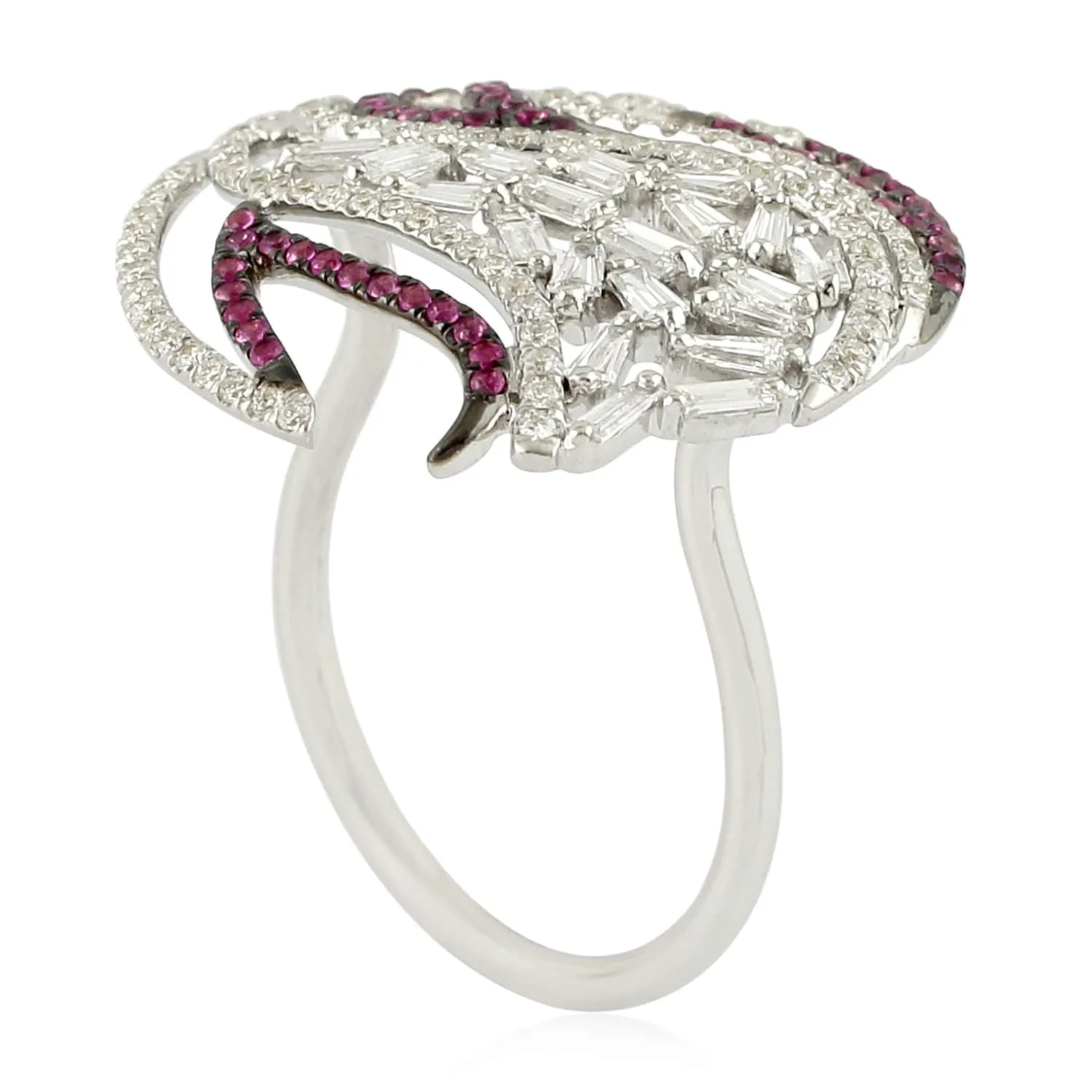 Pink Sapphire Gemstone Natural Baguette Diamond Geometric Ring In White Gold
