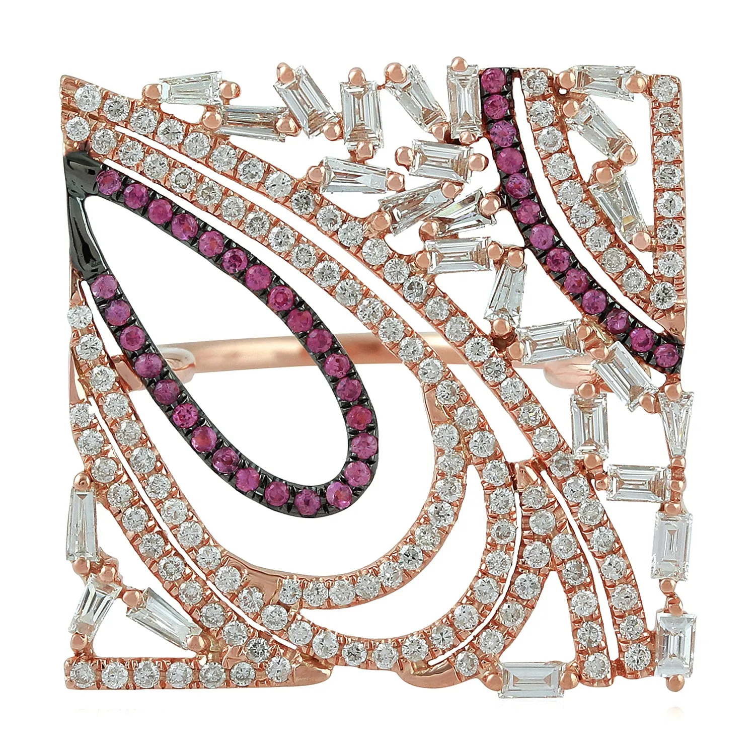 Pink Sapphire Pave Baguette Diamond Geometric Square Ring In 18K Rose Gold