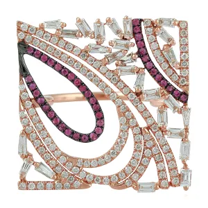 Pink Sapphire Pave Baguette Diamond Geometric Square Ring In 18K Rose Gold