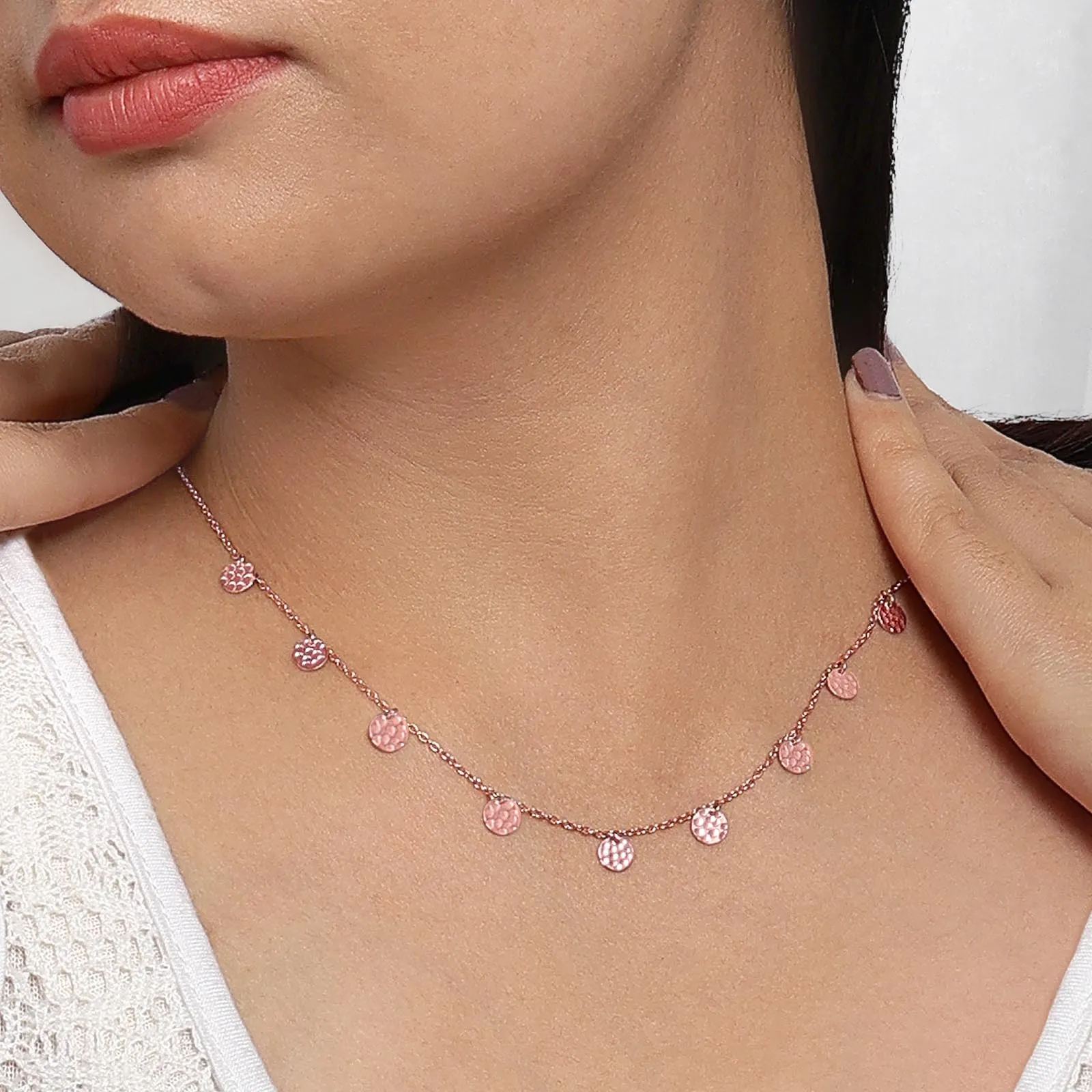 Pure Silver Necklace - Chain Of Mini Rose Gold Coins