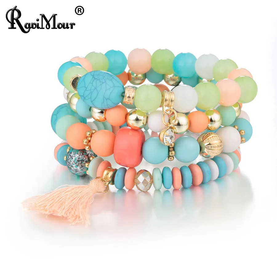 RAVIMOUR Bohemian Women Bracelet Femme Jewelry Tassel Charm Bracelets & Bangles Set Boho Bead Stone Crystal Vintage Pulseiras