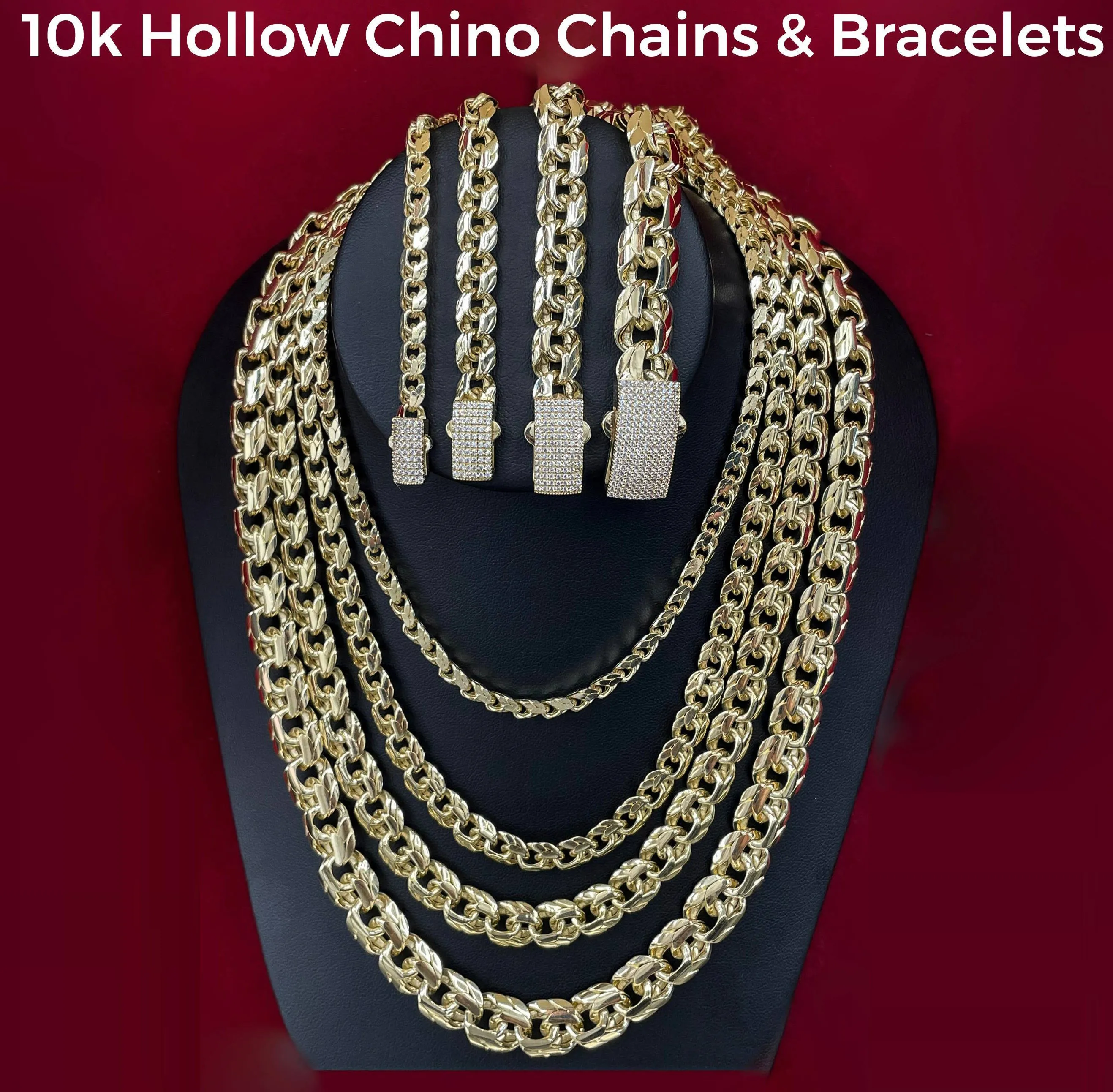 Real 10K Hollow Chino Necklace Chain & Bracelets