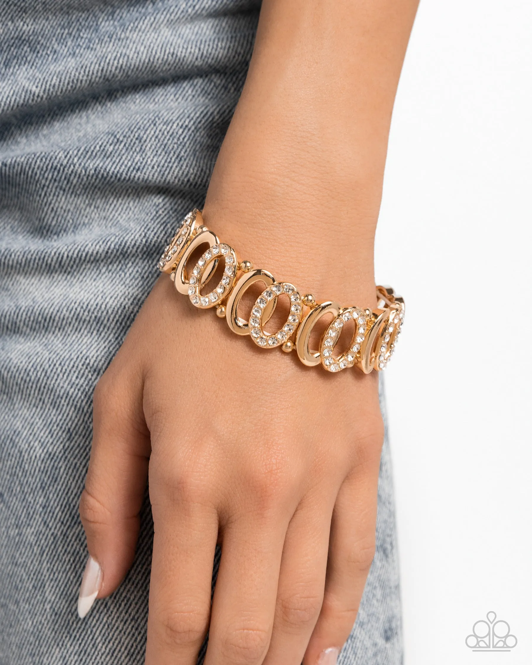 Refined Rarity - Gold - White Rhinestone Interlocking Oval Paparazzi Stretchy Bracelet