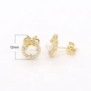 Ribbon Circle Studs Earring CZ Geometric Shape Faux Pearl Micro Pave Golden Earring Jewelry GP-760