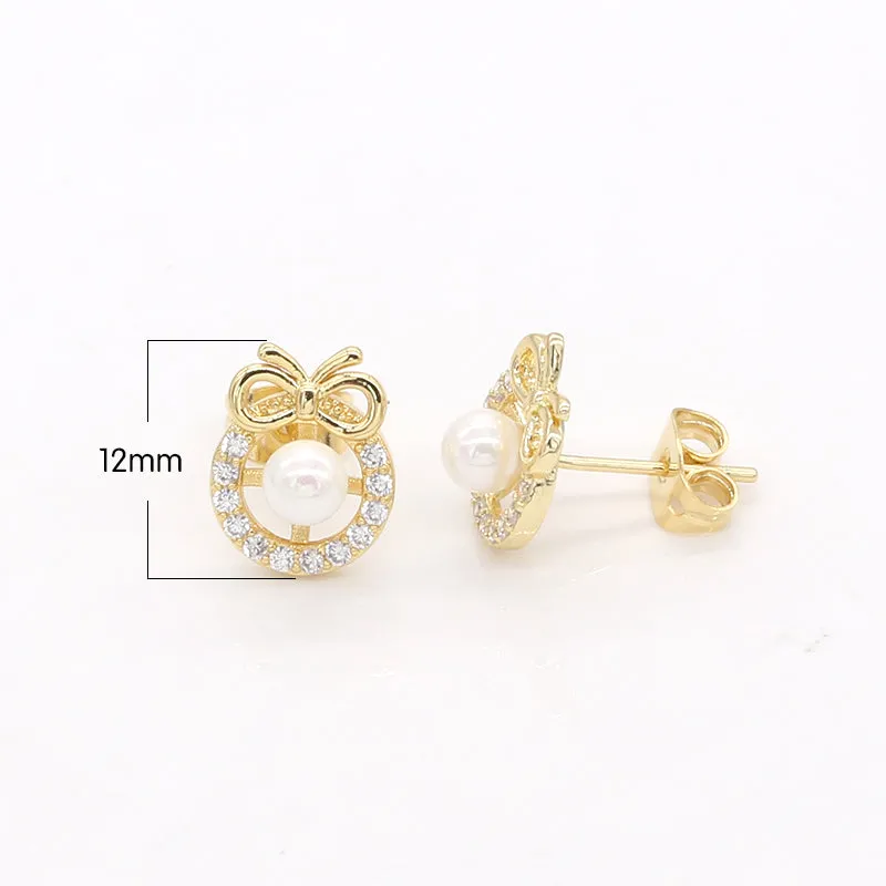 Ribbon Circle Studs Earring CZ Geometric Shape Faux Pearl Micro Pave Golden Earring Jewelry GP-760