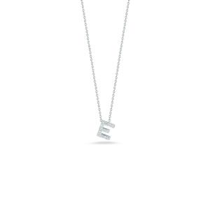 Roberto Coin 18k White Gold Tiny Treasures Diamond Block Love Letter "E" Pendant 16-18" Adjustable Chain (D=.06)