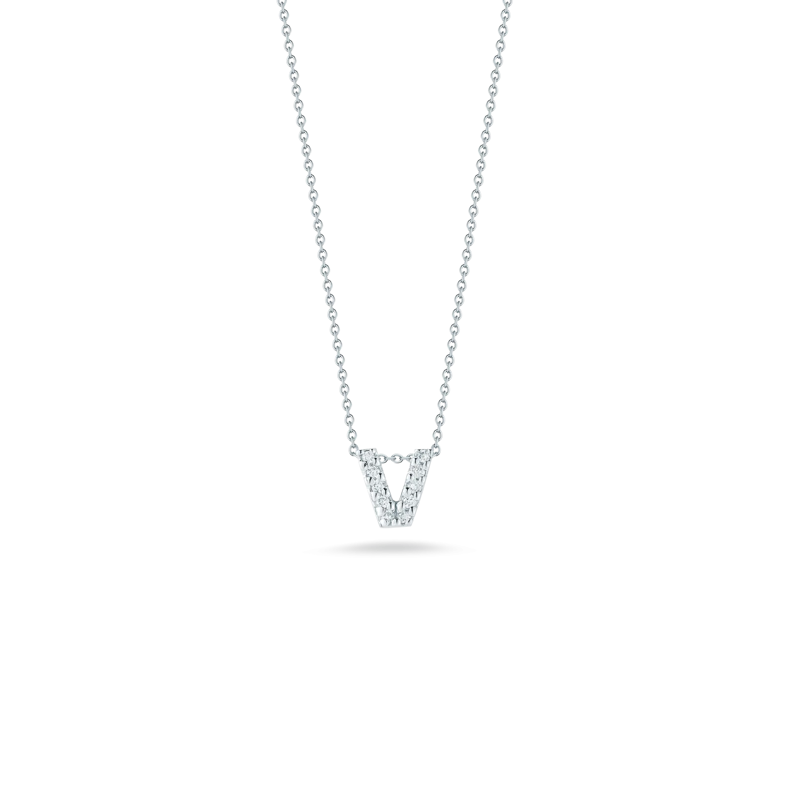 Roberto Coin 18k White Gold Tiny Treasures Diamond Block Love Letter "V" Pendant 16-18" Adjustable Chain (D=.05)