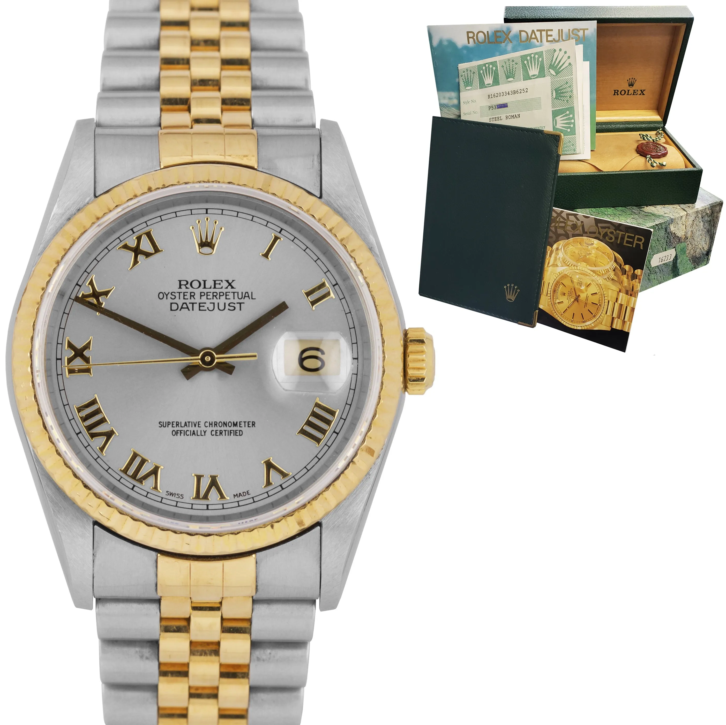 Rolex DateJust 36mm 16203 STEEL ROMAN Two-Tone NO-HOLES 18K Gold Watch 16233