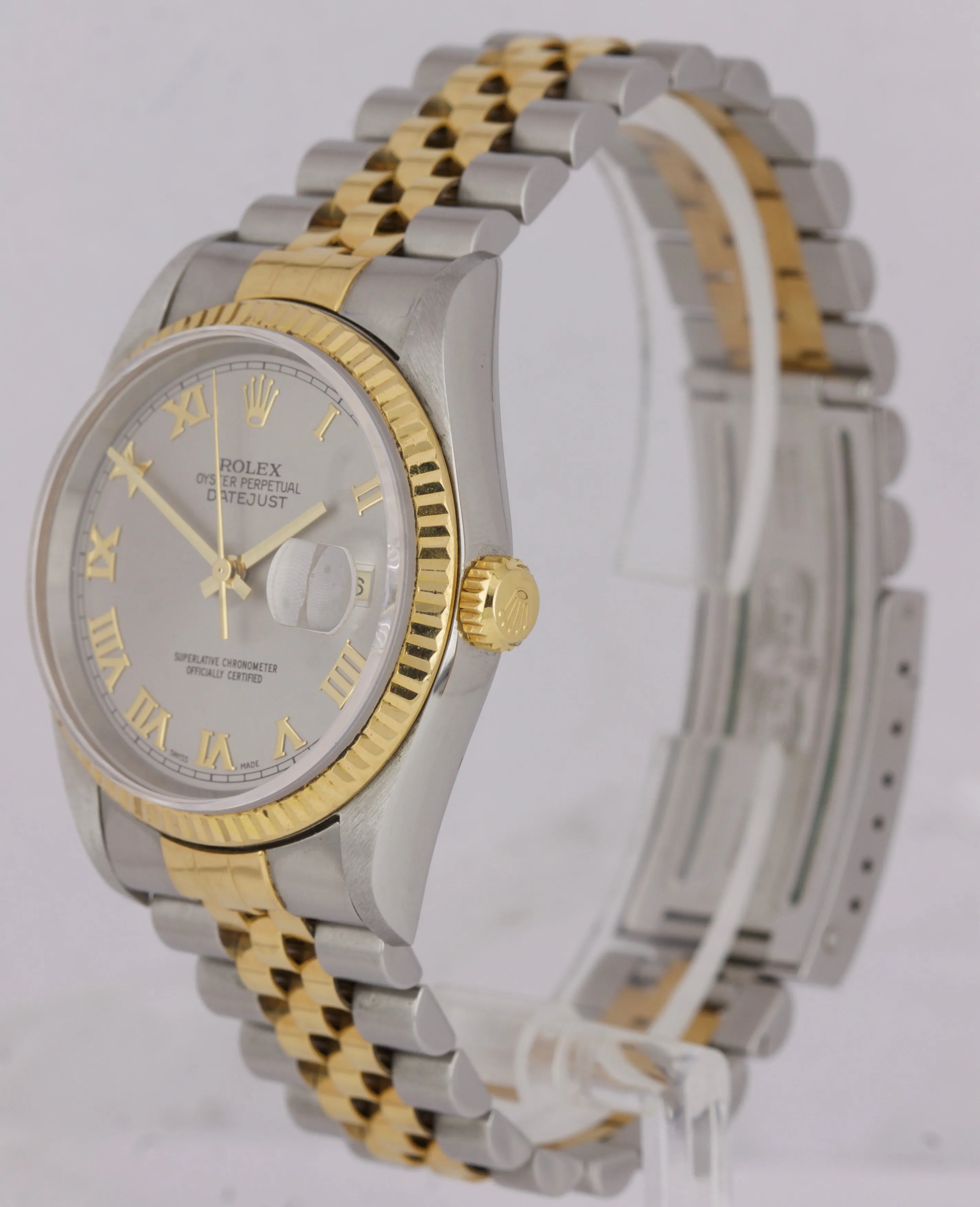 Rolex DateJust 36mm 16203 STEEL ROMAN Two-Tone NO-HOLES 18K Gold Watch 16233