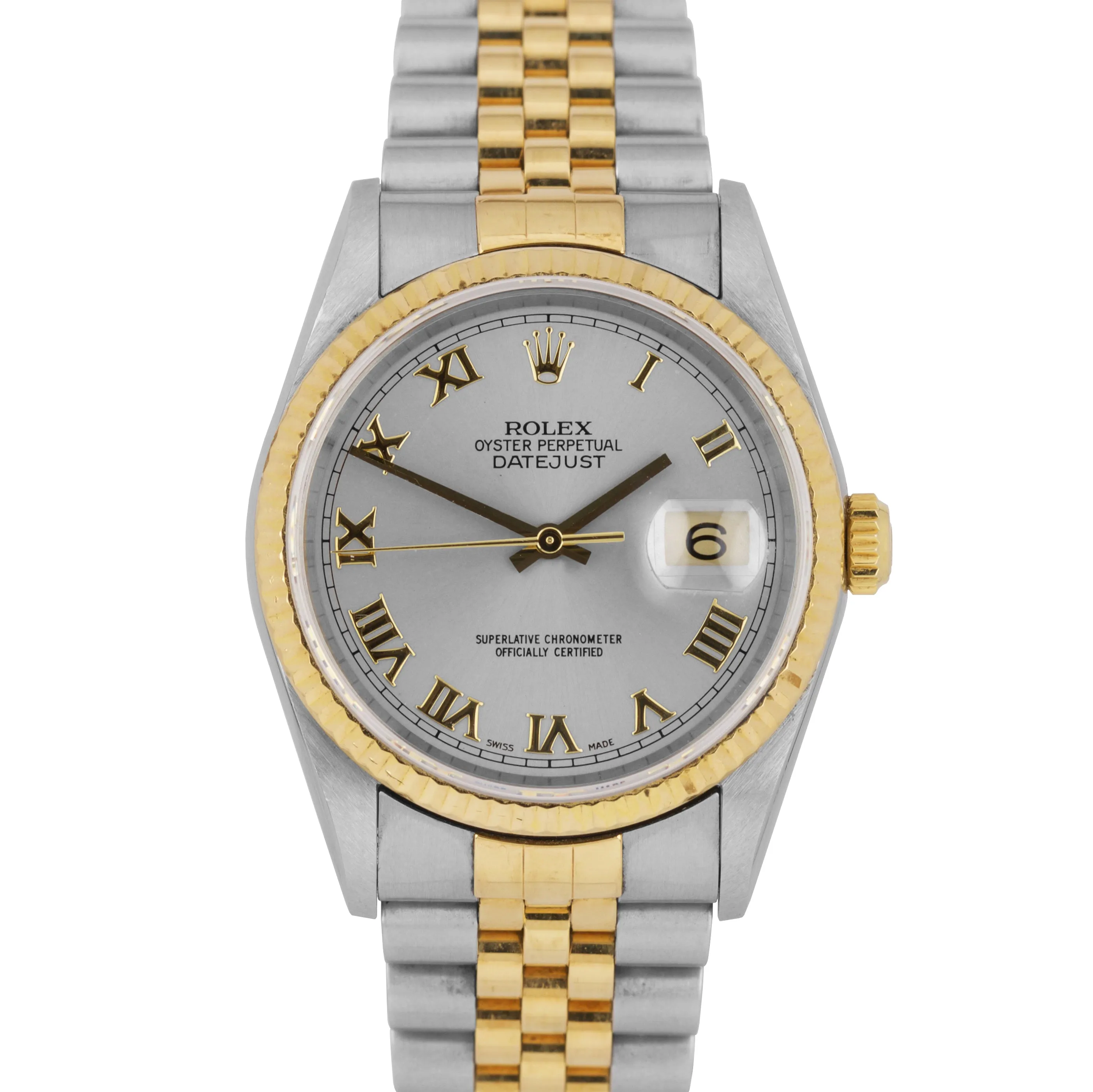 Rolex DateJust 36mm 16203 STEEL ROMAN Two-Tone NO-HOLES 18K Gold Watch 16233