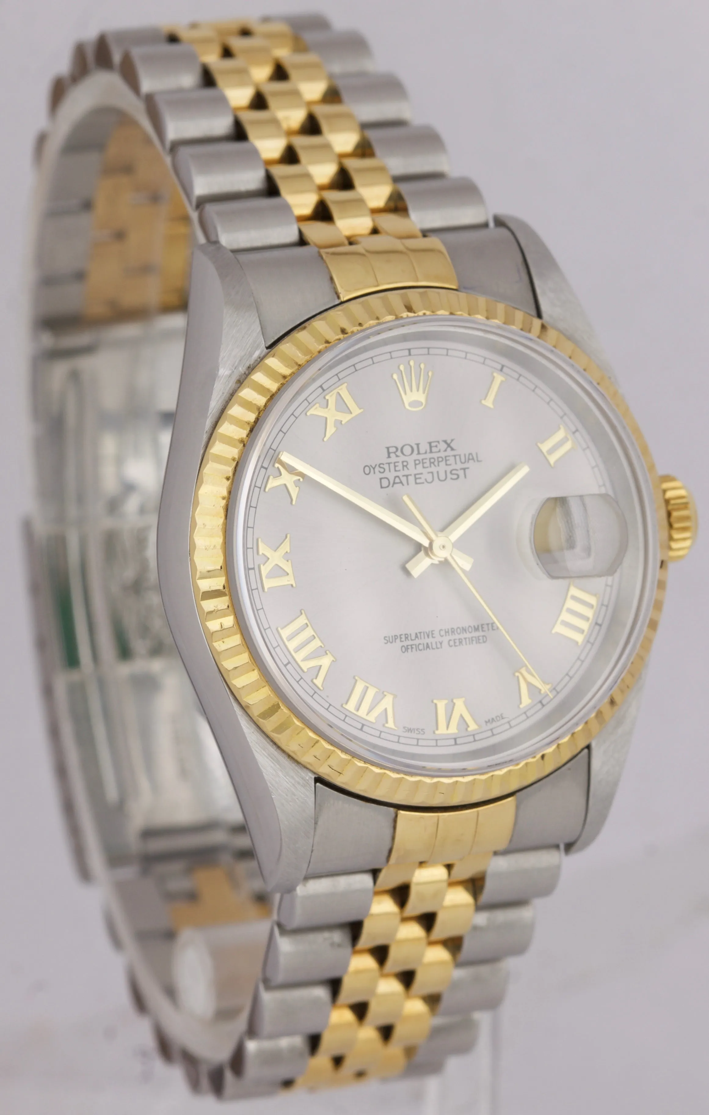 Rolex DateJust 36mm 16203 STEEL ROMAN Two-Tone NO-HOLES 18K Gold Watch 16233