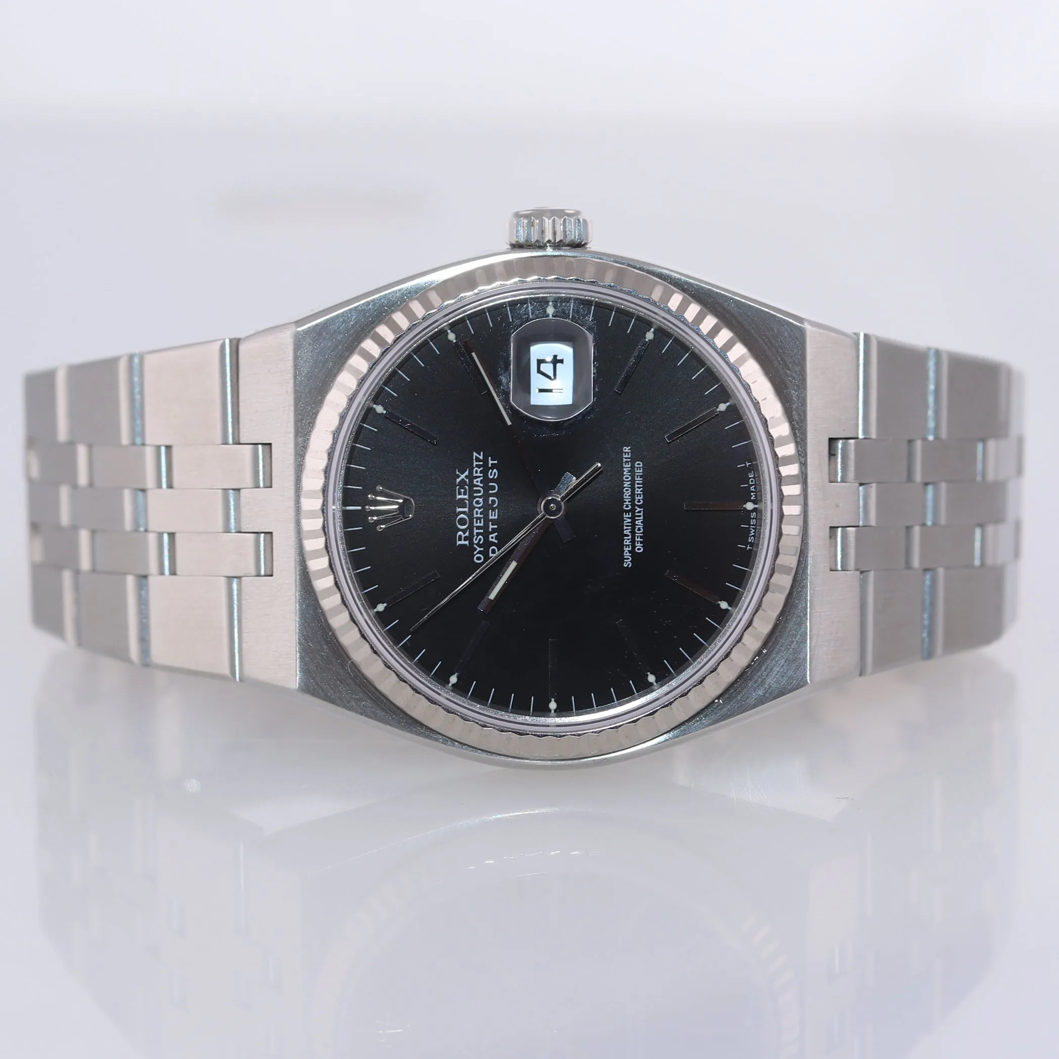 Rolex DateJust OysterQuartz 17014 Stainless Steel 36mm Black Watch Green Sticker