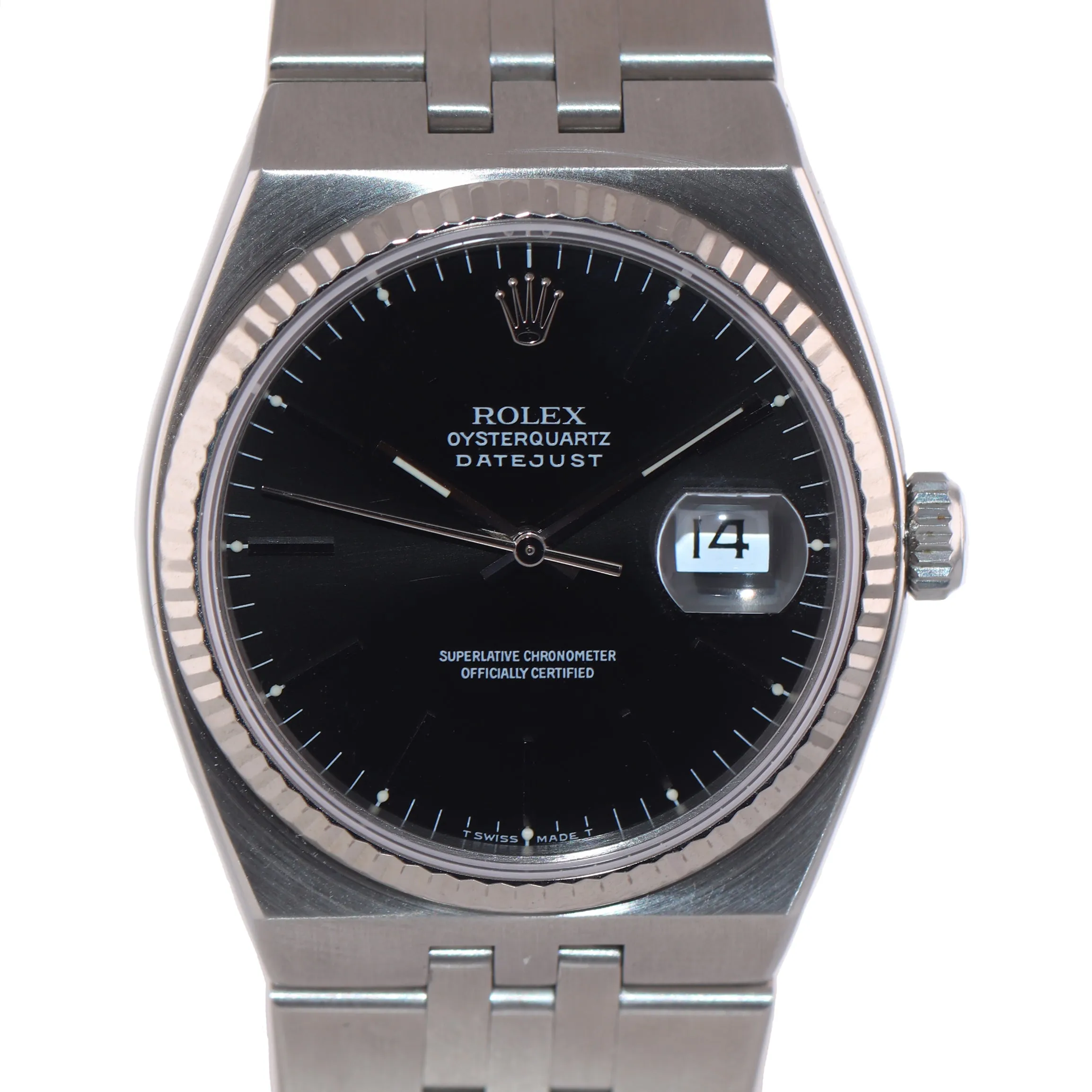 Rolex DateJust OysterQuartz 17014 Stainless Steel 36mm Black Watch Green Sticker