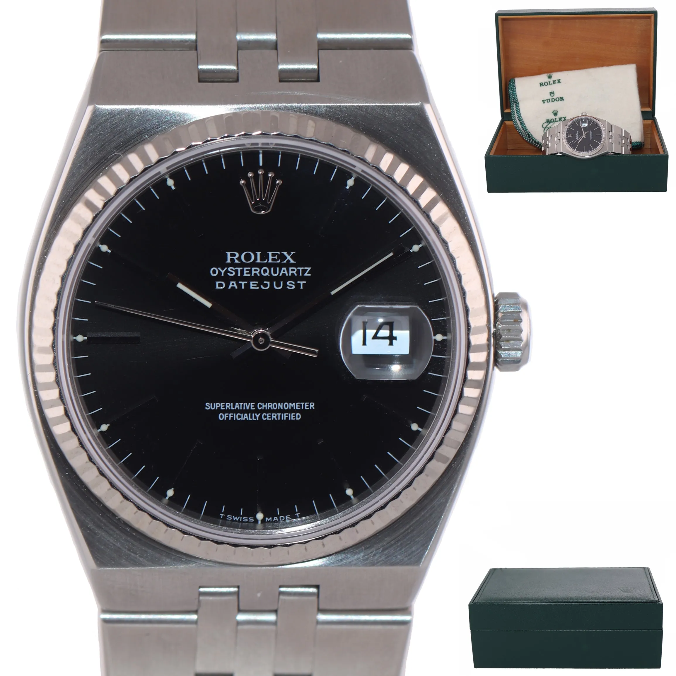 Rolex DateJust OysterQuartz 17014 Stainless Steel 36mm Black Watch Green Sticker