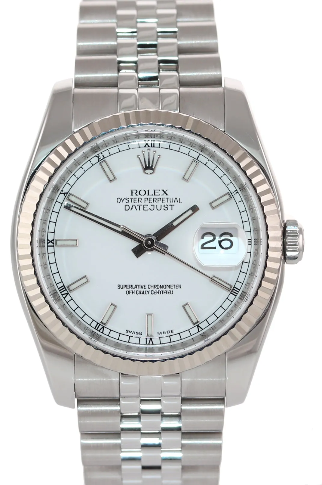 Rolex DateJust Steel White Stick Dial 116234 36mm Super Jubilee Watch Box