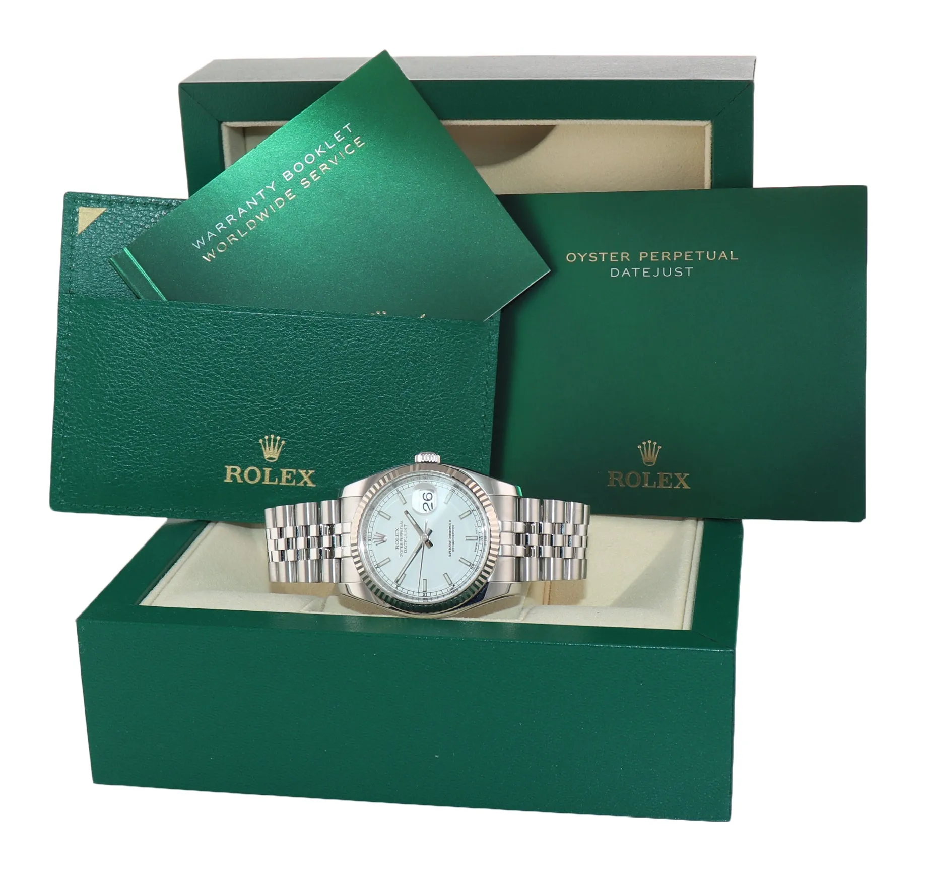 Rolex DateJust Steel White Stick Dial 116234 36mm Super Jubilee Watch Box