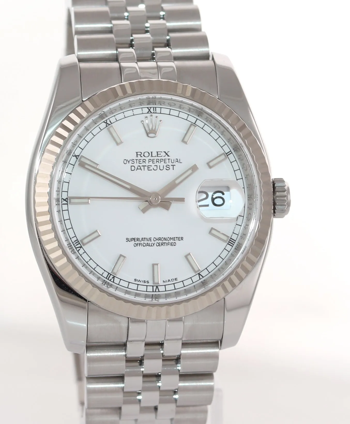 Rolex DateJust Steel White Stick Dial 116234 36mm Super Jubilee Watch Box