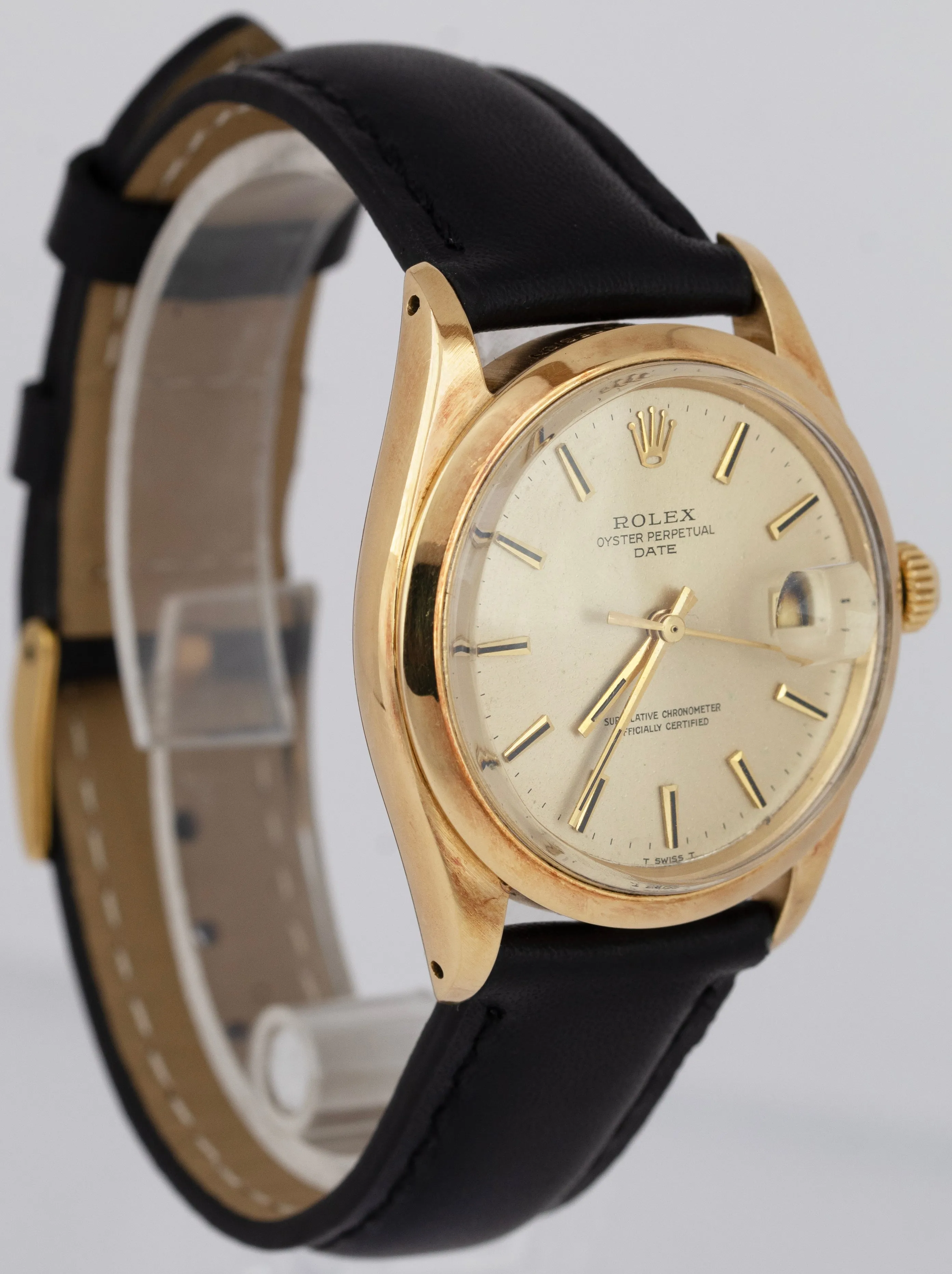 Rolex Oyster Perpetual Date 34mm Champagne 18K Gold Leather Strap Watch 1500