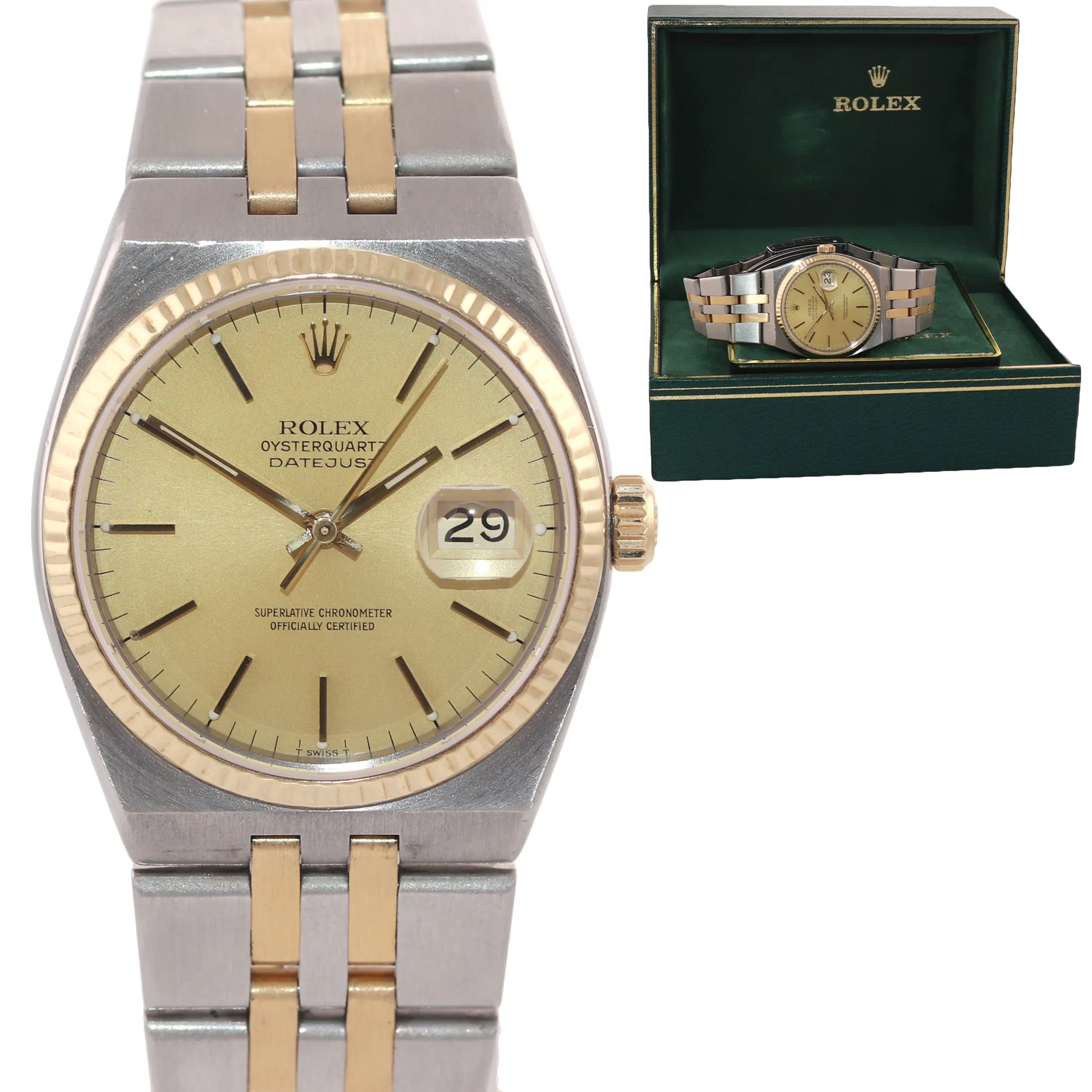 Rolex OysterQuartz DateJust 17013 Two-Tone Gold Steel Champagne Integral Watch