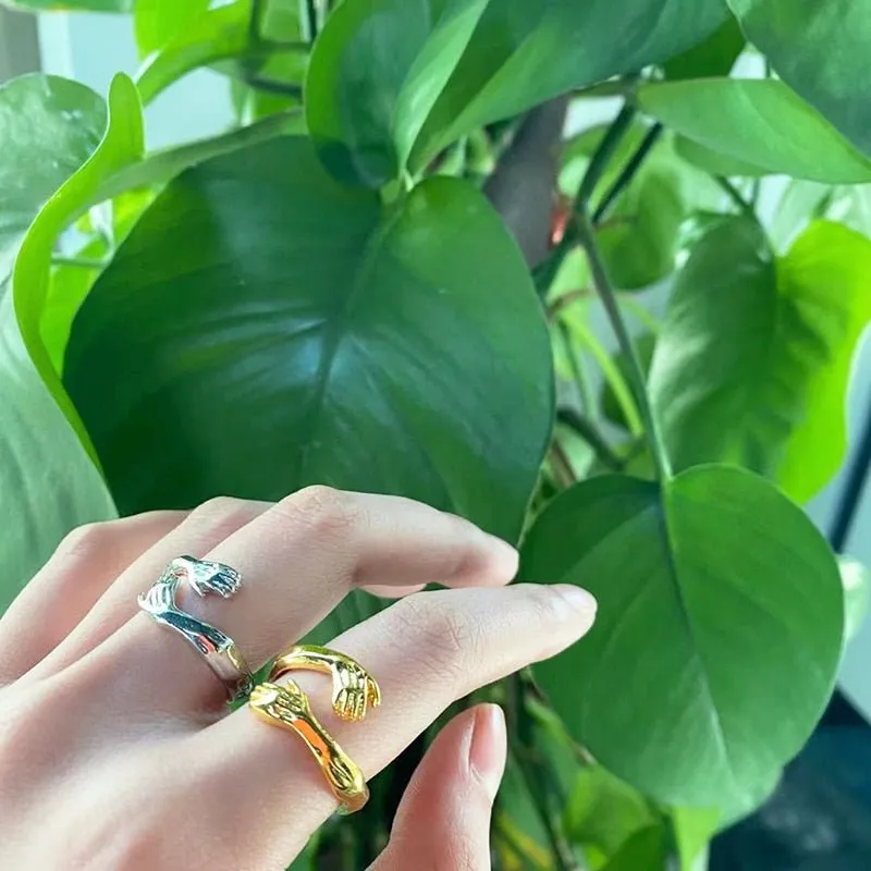 Romantic Hug Carved Hand Ring Forever Love Adjustable Women Men Jewelry